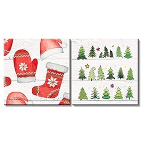 2 Panel Square Canvas Wall Art - Christmas Theme Red Socks and Pine Trees - Giclee Print Gallery Wrap Modern Home Art Ready to Hang - 12"x12" x 2 Panels