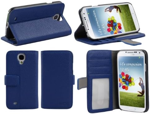 NOSWear (Slim Fit Series) Purple Samsung Galaxy S4 i9500 PU Leather WALLET Case - 3 Credit Card Slots with Magnatic Strap for Secure Close and Premium Interior Fibre - Stand Position for the Face Time our Watching Movies (Blue)