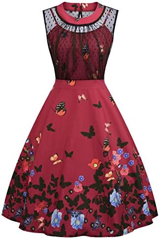 Confidanilin Womens 1950's Round Neck Sleeveless Mesh Stitching Butterfly Print Dress For Women (Red, 2XL)