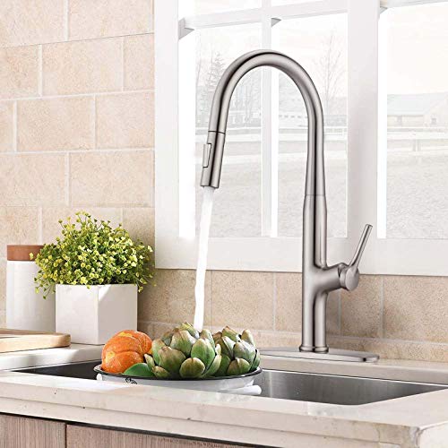 Besfelos Kitchen Faucet with Pull Down Sprayer, Single Handle Commercial Pull Out Sink Faucet, Single Handle Stainless Steel Kitchen Sink Faucets with Single Hole Deck Plate, Brushed Nickel