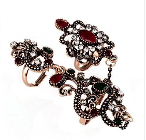 PlanetZia Exquisite Fashion 2 Finger Antique Gold with Rhinestones Chained Ring Set TVT-GJ