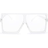 The Fresh Large Oversized Fashion Square Flat Top Sunglasses with Gift Box (4-Shiny Crystal, Clear/AR Coating)