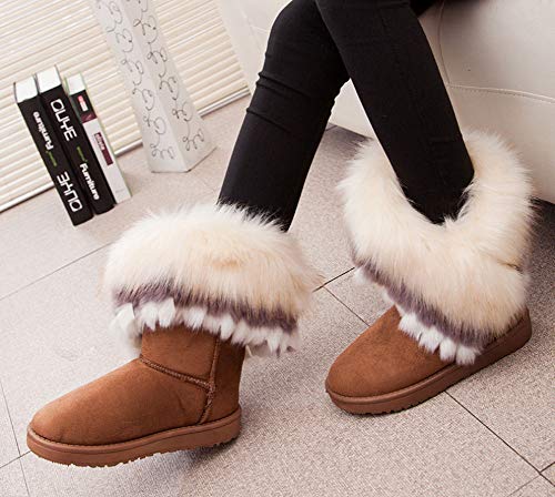 King Ma Women's Faux Fur Tassel Winter Snow Boot Suede Flat Ankle Boots