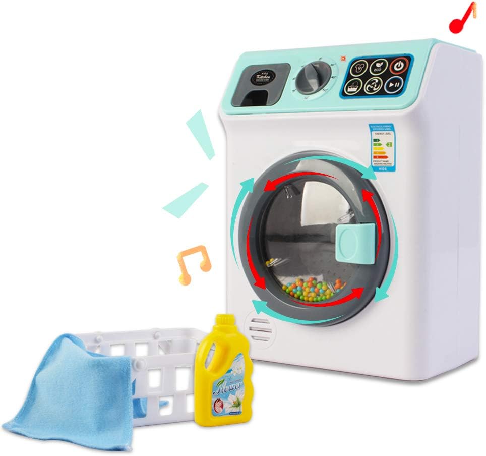 deAO Toy Washing Machine for Kids Pretend Play Cleaning Set including Realistic Spinning, Light and Sound functions