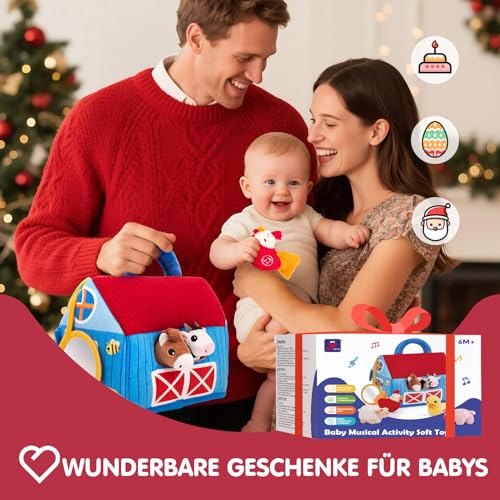 hahaland Farm Baby Toy 6 Months with 2-in-1 Barns & Play Mats, 6 Sensory Plush Toys with Animal Sounds & Speaks English Animal Names, Montessori Toy Baby Gift from 6-12 Months