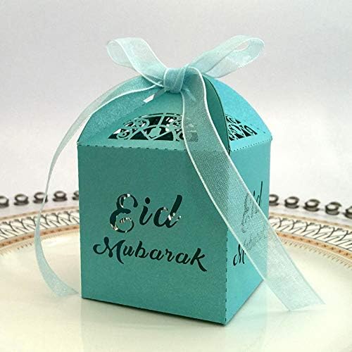 PartyYeah 10Pcs Laser Cut Eid Mubarak Candy Favor Boxes Wedding Party Baby Shower Pink/Blue It's a Boy/Girl Gift Boxes Laser Cut Eid Mubarak Hajj Mabrour Paper Candy Box Supplies, Blue