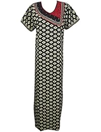 Womens Maxi Dress Nightdress Black Printed Cotton Summer Kaftan Nightgown L