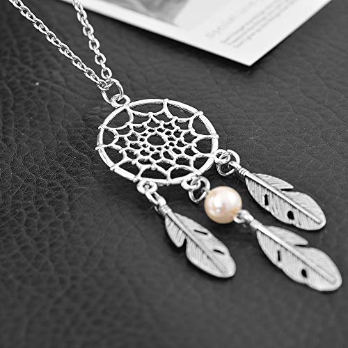 MJartoria Women's Dangling Feather White Charms Filigree Tribal Dreamcatcher Pendant Chain Necklace - Thumbnail 2