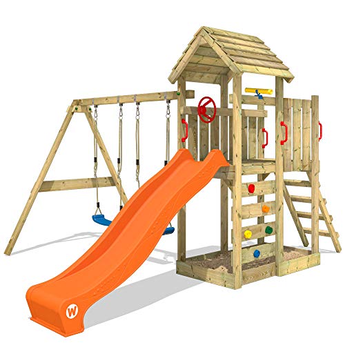 WICKEY Spielturm Klettergerüst MultiFlyer mit Holzdach, Schaukel & oranger Rutsche, Outdoor Kinder Kletterturm mit…