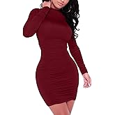 GOKATOSAU Women's Sexy Stand Neck Bodycon Long Sleeve Ruched Club Party Mini Dress