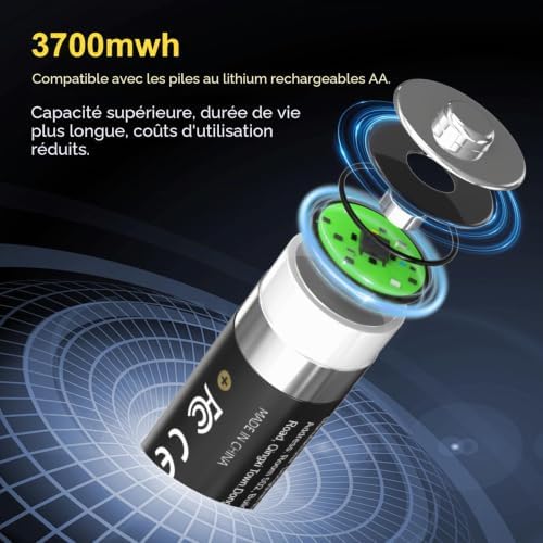 Piles AA Lithium Rechargeables 1.5V 3700mWh Haute Capacité 8-Pack avec Chargeur, Adaptées aux appareils Photo numériques, pour Le Sport et à l'extérieur, jusqu'à 2000+ Cycles