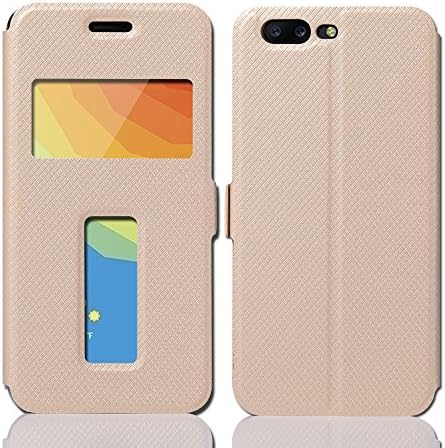 One Plus 5t Case , JMPin [View Window] Flip Case Cover with Kickstand [Magnetic Closure] for One Plus 5t (2017) (One Plus 5t gold)