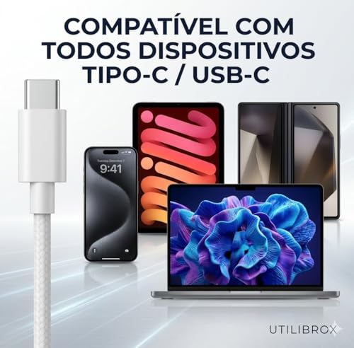 Carregador Turbo 25w Linha Premium Com Entrada Tipo C, Hight Quality, Branco com Cabo Reforçado Compativel com todos Smartphones C/C - Fonte Anti Curto, Homologado UTBRX