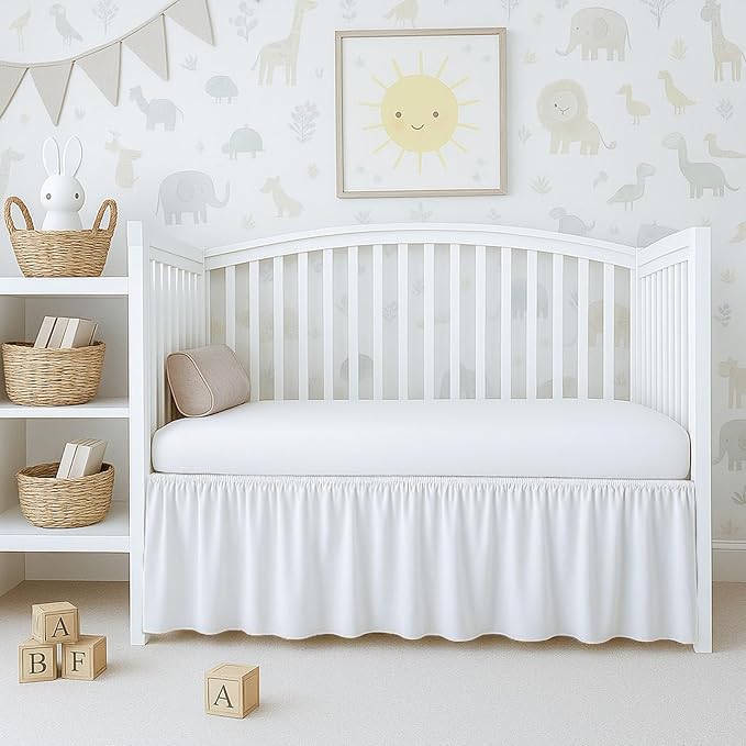 Photo 1 of Dust Ruffle Crib Skirt, 100% Egyptian Cotton 800 Thread Count, Mini Crib Size (24" x 38"+10") Inch Drop Toddler Bed Skirt for Baby Boys or Girls - White Solid