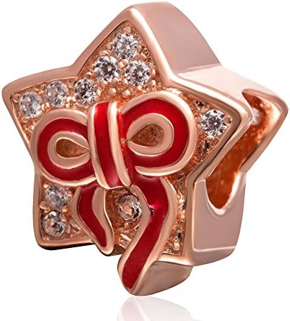 Xuthus Charms Rose Gold Shiny Star Inlaid White Crystal Stone for Red Bow 925 Silver Holiday Gift Beads Fit European Bracelet