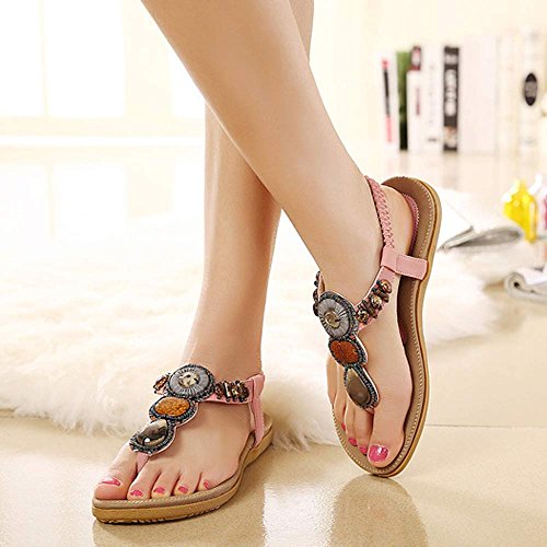 Kauneus Women Fashion Sandals Sweet Beaded Clip Toe Flats Bohemian Herringbone Sandals 2019 Pink