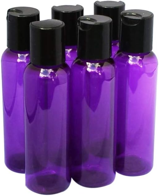 SanDaveVA 2oz Purple Plastic Bottles with Black Disc Caps – 60ml Empty PET Cosmo Round Refillable Travel Bottles – TSA Approved Containers for Toiletries, Lotions, Serums, Liquids – 6 Pack