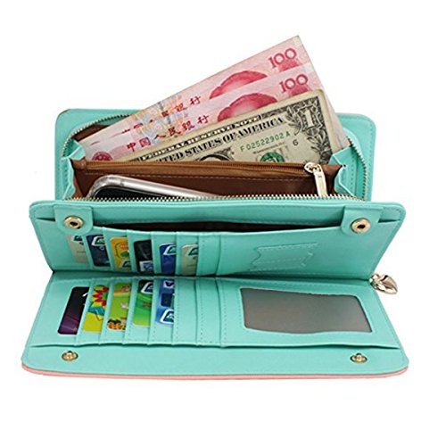 Fashion Wallets for Women, Bifold RFID Blocking Wallet Ladies Clutch Purse Women's Zipper Wallet For Phone Card Checkbook Holder & Organizer Long Large Capacity Purse Handbag Pink Green