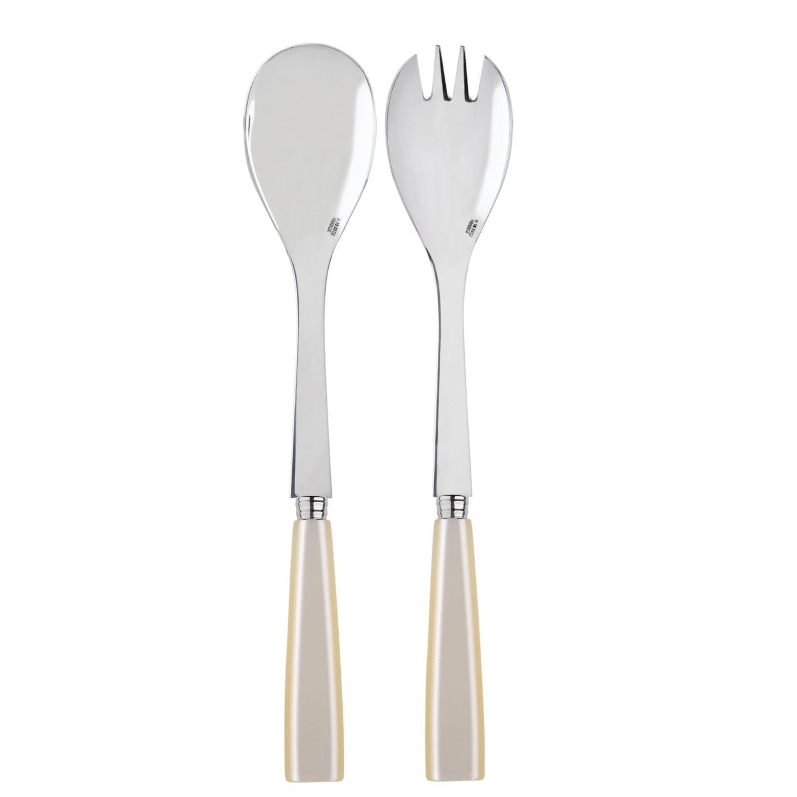 SABRE PARIS - 2-Piece Salad Serving 26cm - Icône Collection - Large Fork & Large Spoon - Stainless Steel & Acrylic - Dishwasher Safe - Pearl