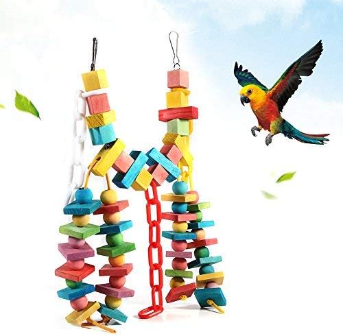 Parrot Chew Toy, Natural Wooden Rainbow Blocks Birds Hanging Bridge Swing Perch for Macaw African Greys Parakeet Cockatoo Cockatiel Conure Lovebirds Canaries