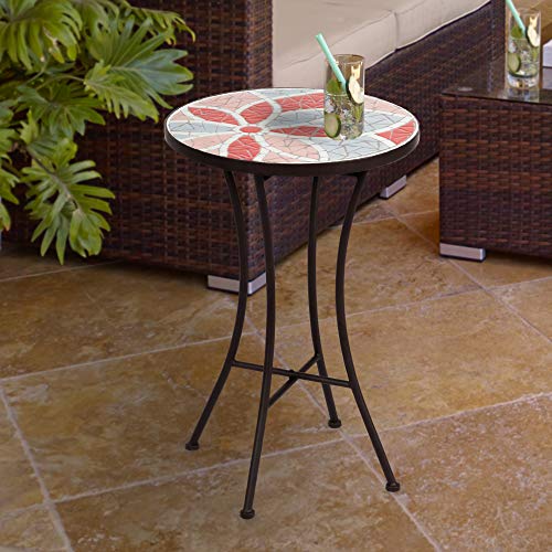 Mosaic Side Table for Patio Black Iron Outdoor Accent Table Floral