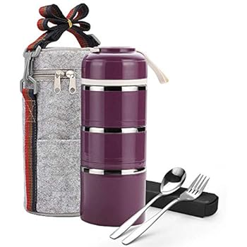 Bento Lunch Box, Stackable Stainless Steel Thermal Compartments Lunch Box with Insulated Lunch Bag and Utensils, Leakproof Lunch Food Containers for Adults&Office,School(3Tier,Purple)