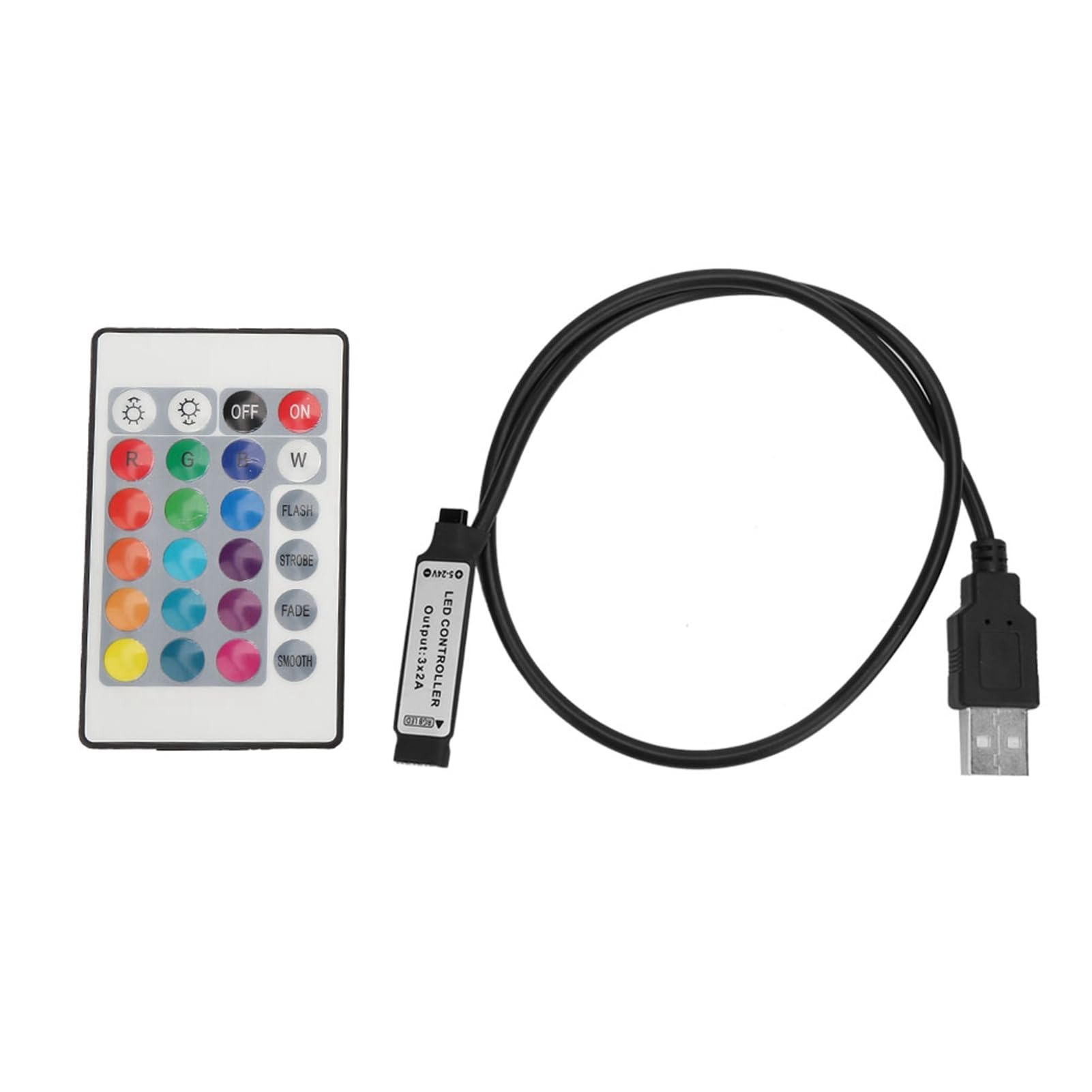 RGB LED Light Strip Controller with 24 Key Wireless Remote for Various Lamps, USB 6A Lamp Effect IR Remote Control for Decorative Lighting (Line length 0.5 Meters)