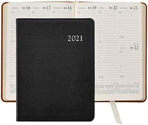 2021 Desk Diary Planner & Appointment Book, Genuine Goatskin Leather, 9", Black