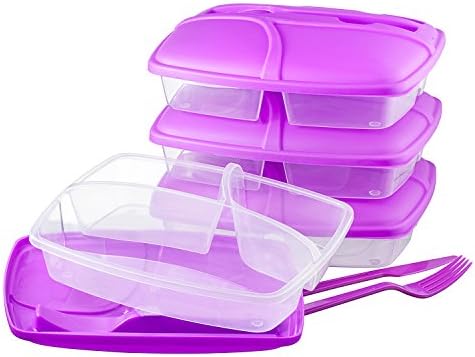 3-compartment Food Container with Lid - Set of Cutlery Included, Bento Lunch Box - Lunch Containers - Purple - Set of 3