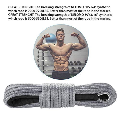 NELOMO 50'x3/16 Strong Durable Synthetic Winch Rope 5000-5500 LBS Black Fastness for ATV UTV KFI Vehicle Car Motorcycle (Black, 3/16")
