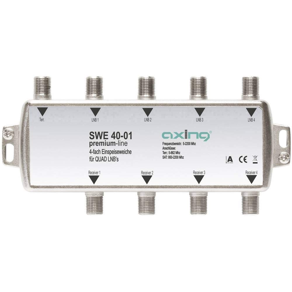 Axing SWE 40-01 SAT / terrestrial combiner 4-way for Quad LNB (DC pass to LNB) for injection of FM Freeview DVB-T to satellite signal