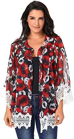 PYL Women's Long Sleeve Lips Print Patchy Hem Lace Chiffon Cardigan,X-Large,Red