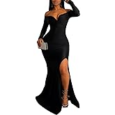 Vakkest Women's Sexy Formal Dresses Off The Shoulder Long Sleeve High Split Gown Summer Beach Slit for Wedding Guest