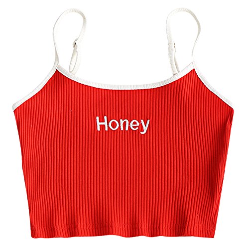 ZAFUL Women's Spaghetti Strap Honey Embroidered Ribbed Knitted Crop Tank Top