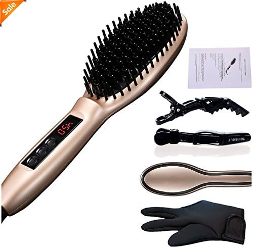 Ceramic Hair Detangler, Hair Straightening Brush with FREE Heat Resistant for Silky Frizz-free Hair Brush (450℉ Max,Adjustable Temperature， Support Dual Voltage, Anti-Scald) Golden