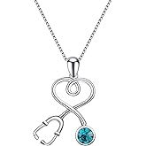 AOBOCO Stethoscope Necklace 925 Sterling Silver Embellished with 12 Months Birthstone Crystals from Austria, Graduation Gifts Medical Jewelry for Doctor Nurse Medical Student RN