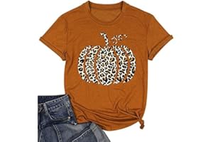 Halloween Pumpkin Shirt Women Leopard Graphic Tees Short Sleeve Fall T-Shirt Thanksgiving Gift Tops