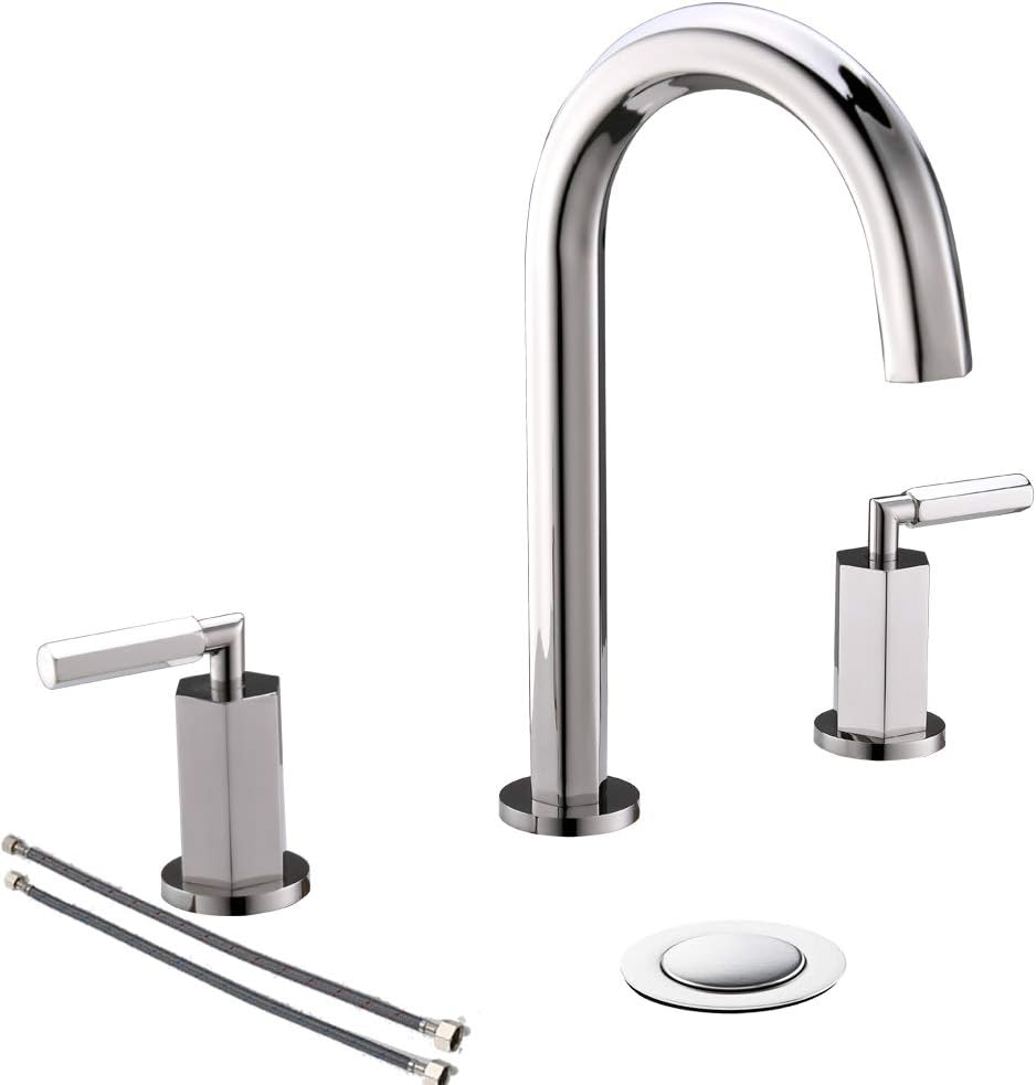 2 Handles 3 Holes High Arch Modern Polished Chrome Widespread Bathroom Faucet By Phiestina, Bathroom Sink Faucets With Stainless Steel Metal Pop Up Drain, NS-WF001-6-C