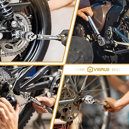 Torque Wrench Bicycle 5-25 Nm, VIGRUE Torque Wrench 1/4 Inch, ±4% Accuracy, Torque Wrench Set with Ratchet, Extension Rod, Universal Joint, Spark Plug Sleeve, Bits for Motorcycle, Car