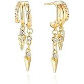 Dainty CZ Spike S925 Sterling Silver Dangle Drop Earrings for Women 18k Gold/Silver Plated Charm Punk Crystal Rivet Tassel Statement Dangling C Shape Huggie Hoop Hypoallergenic Fashion Jewelry
