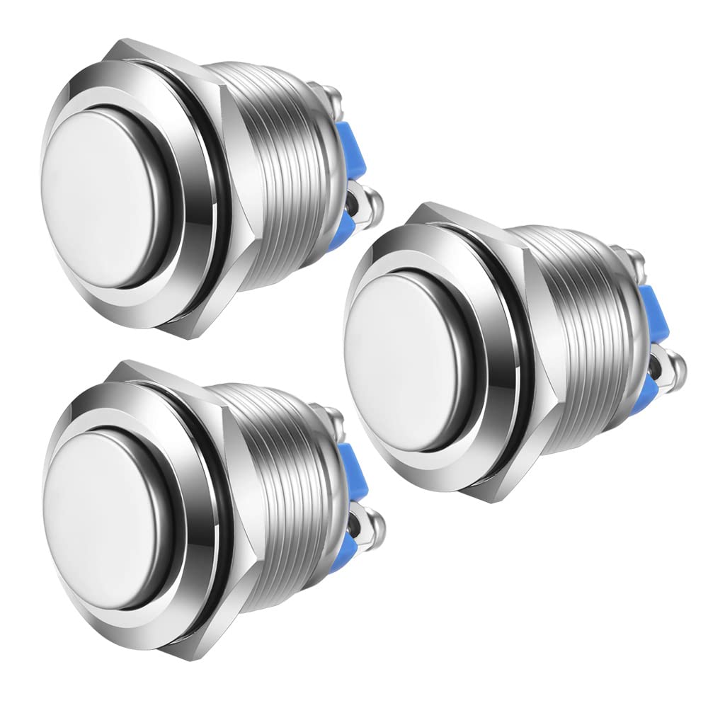 Gebildet 3pcs 19mm Momentary Push Button Screw Type Terminals Stainless Steel Metal Waterproof Button 5A 12V/24V/125V/250VAC with 2 Screw Terminals Stainless Steel(High Head)