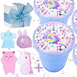 Satisfaction1 Blue Slime Unicorn Birthday Fluffy Putty,Charms Cotton Candy Cake Scented Non-Sticky ,DIY Stuff Stress Relief Toys 5oz for Girls and Boys Gift(4pcs Random moj moj Squishy Toys Include