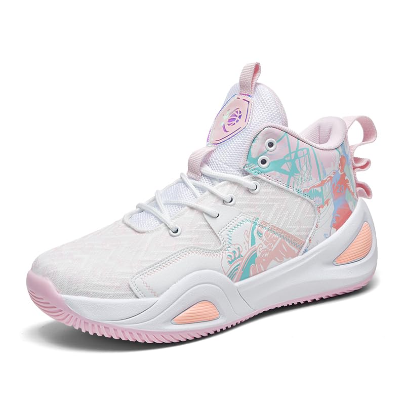 Photo 1 of KIUSMETY Basketball Shoes for Womens Mens Breathable Fashion Sneakers Comfortable Volleyball Outdoor Non Slip Sport Woman Man Shoe Pink Size 8