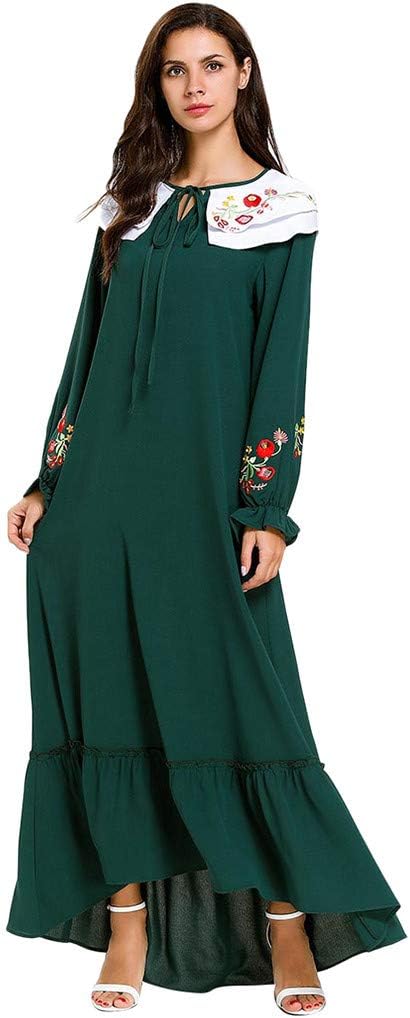 Women Muslim Elegant Dress,Embroidered Large Size Loose Pure Color Asymmetrical