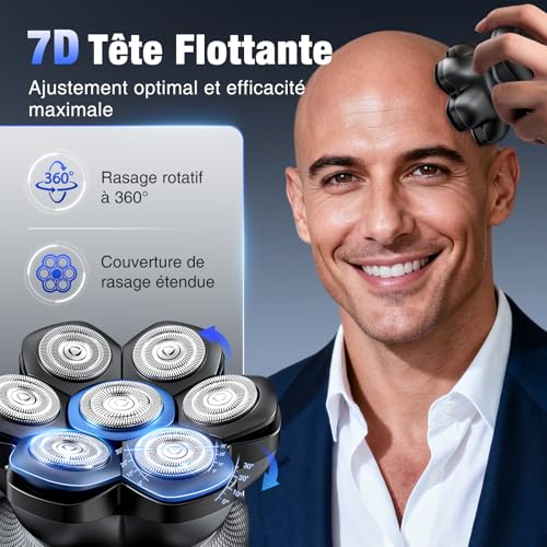 kensen Men's Bald Head Razor 7D Bald Head Trimmer 90 Mins Battery Life 2 Speeds Bald Shaver Crane Waterproof IPX6-Wet & Dry, USB-C, Wireless, with LED Display (Black)