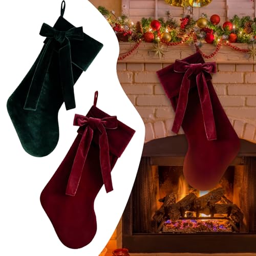 Christmas Stocking with Bow, Large 20-Inch Velvet Stocking with Plush Cuff and Festive Designs, for Family, Adults and Kids
