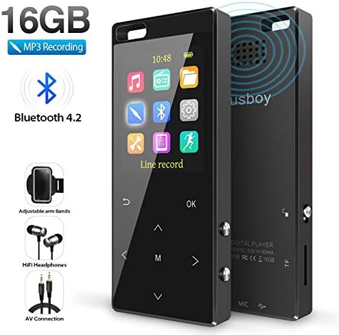 MP3 Player, 16GB MP3 Player with Bluetooth 4.2, MP3 Direct Recording, Hi-Fi Lossless Sound Music Player with FM Radio/Voice Recorder, Pedometer,with an Armband, Support up to 128gb TF Card, Black