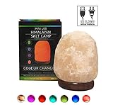 ESOW USB Salt Lamp Mini with Wooden Base Multi Color Changing Small Air Purifier about 5 Inches 1.5 lbs No Installation Required Great Decor For Office Home Hotel Yoga, Relieves Anxiety and Relaxing
