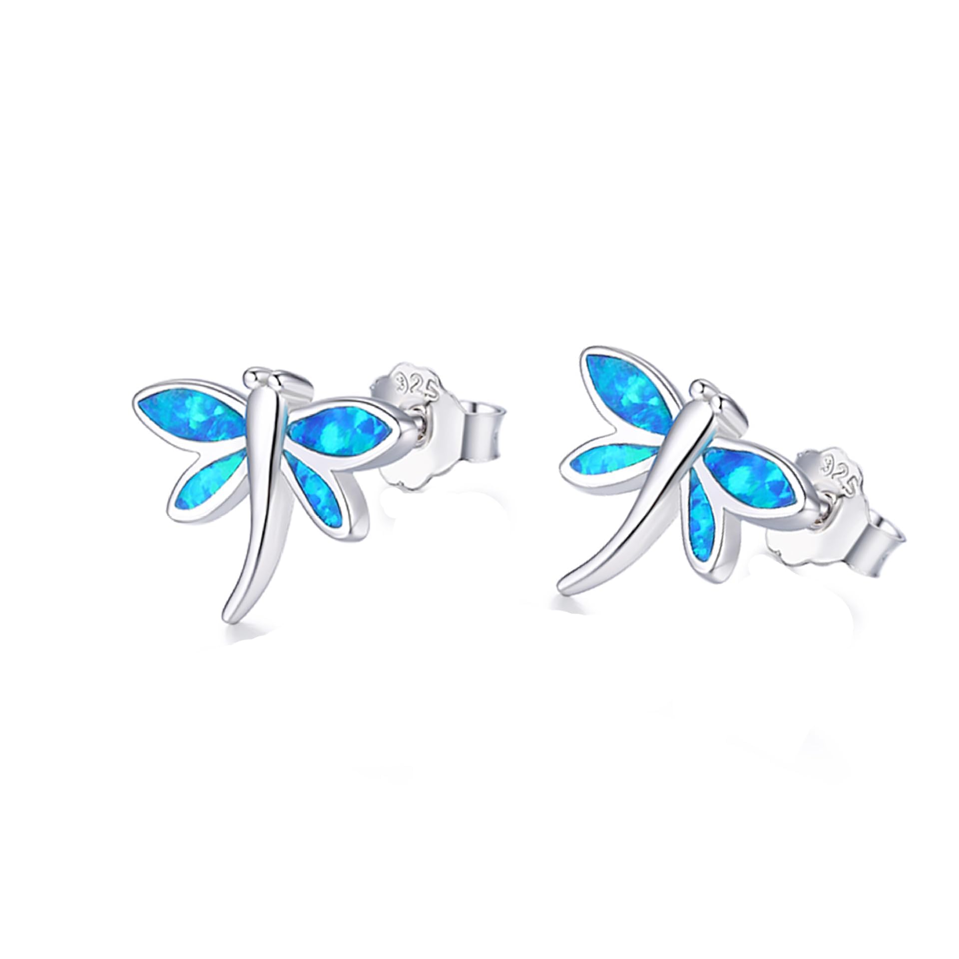 Kaguyo silver Earrings for women, 925 sterling Silver blue/white opal shine cute dragonfly stud earrings for women girls, birthday gift (blue)