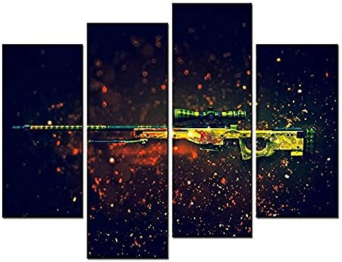 Forever With Me® - Weapon Paintings Wall Art Decor Golden Sniper Rifle and Black Background 4 Piece Picture Print on Canvas for Modern Home Decoration